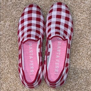 Rothy’s Merino collection scarlet check loafers